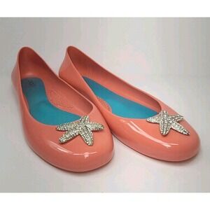 Oka-B Jelly Flats Size 9 Coral Starfish Rhinestone Ballet Shoes EUC Slip-On